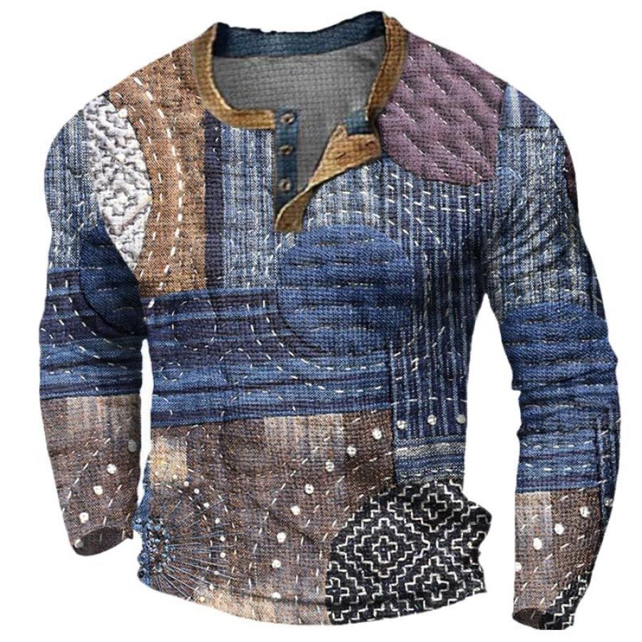 

Camiseta De Manga Larga Para Hombre Estilo Retro Informal Con Estampado De Patchwork Geométrico Henley Waffle Para Deportes Al Aire Libre