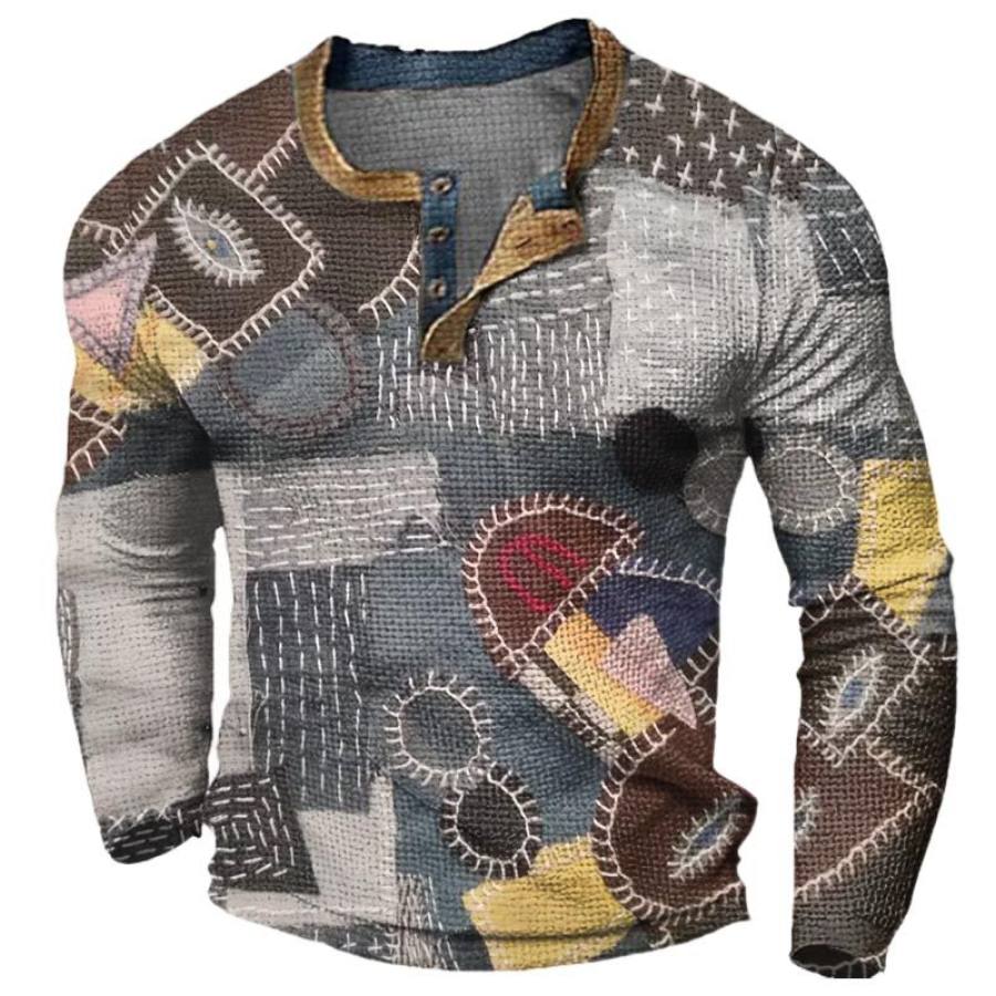 

Camiseta De Manga Larga Para Hombre Con Estampado De Patchwork Vintage Casual Henley Waffle Para Deportes Al Aire Libre