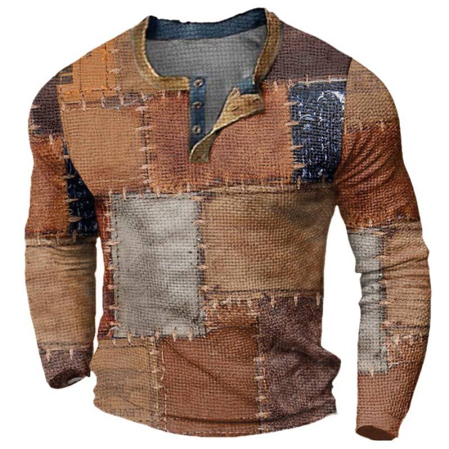 

Camiseta De Manga Larga Para Hombre Con Estampado De Patchwork Retro Casual Henley Waffle Para Deportes Al Aire Libre