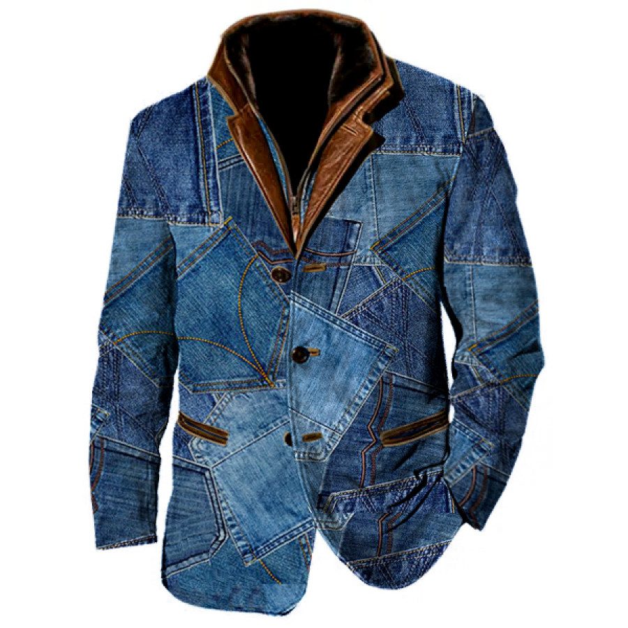 

Patchwork Denim Pocket Print Hombres Vintage Fleece Blazer Doble Capa Solapa Piel Cuello De Cuero Abrigos De Longitud Media