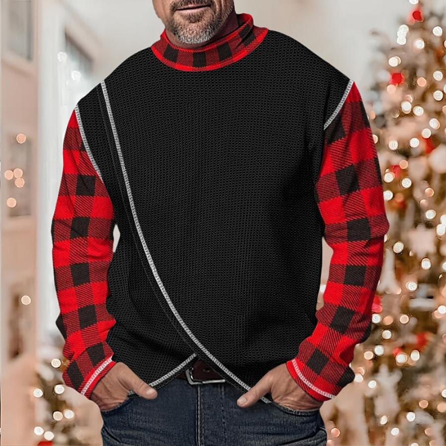 

Мужской клетчатый вафельный вязаный свитер с воротником-стойкой пуловер с цветными блоками водолазка сохраняющая тепло отпускная одежда с длинными рукавами