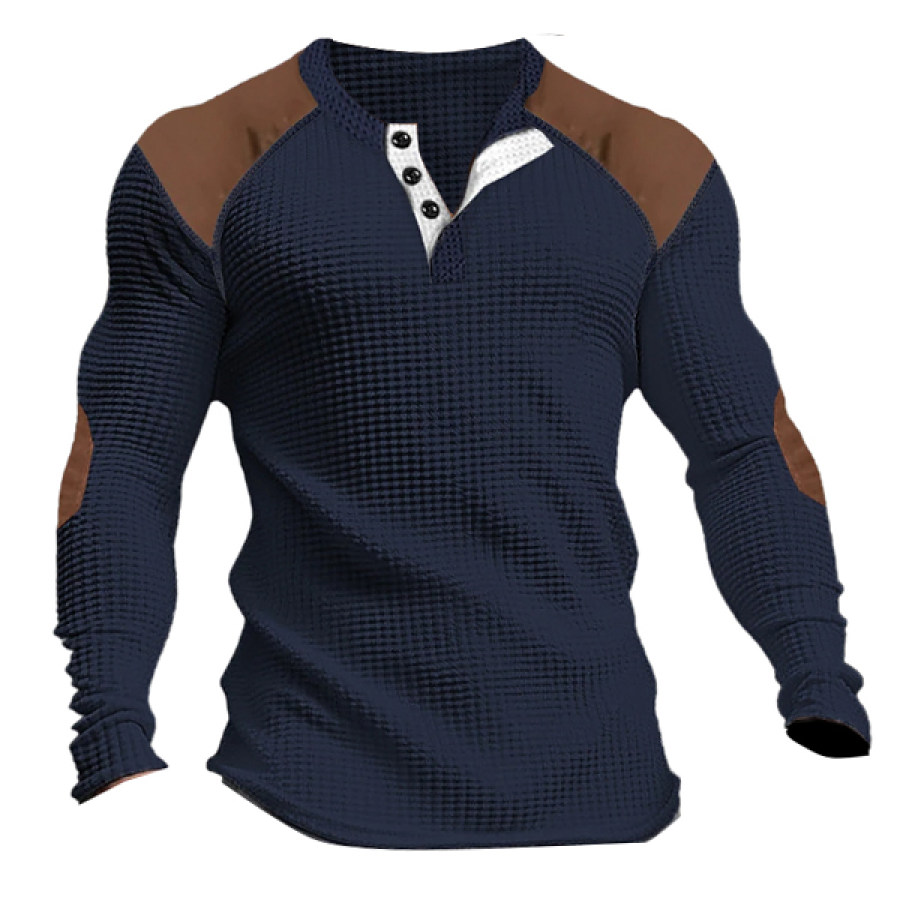 

Men's Henley Sweater Pullover Vintage Color Block Vacation Long Sleeve Clothing Navy Blue