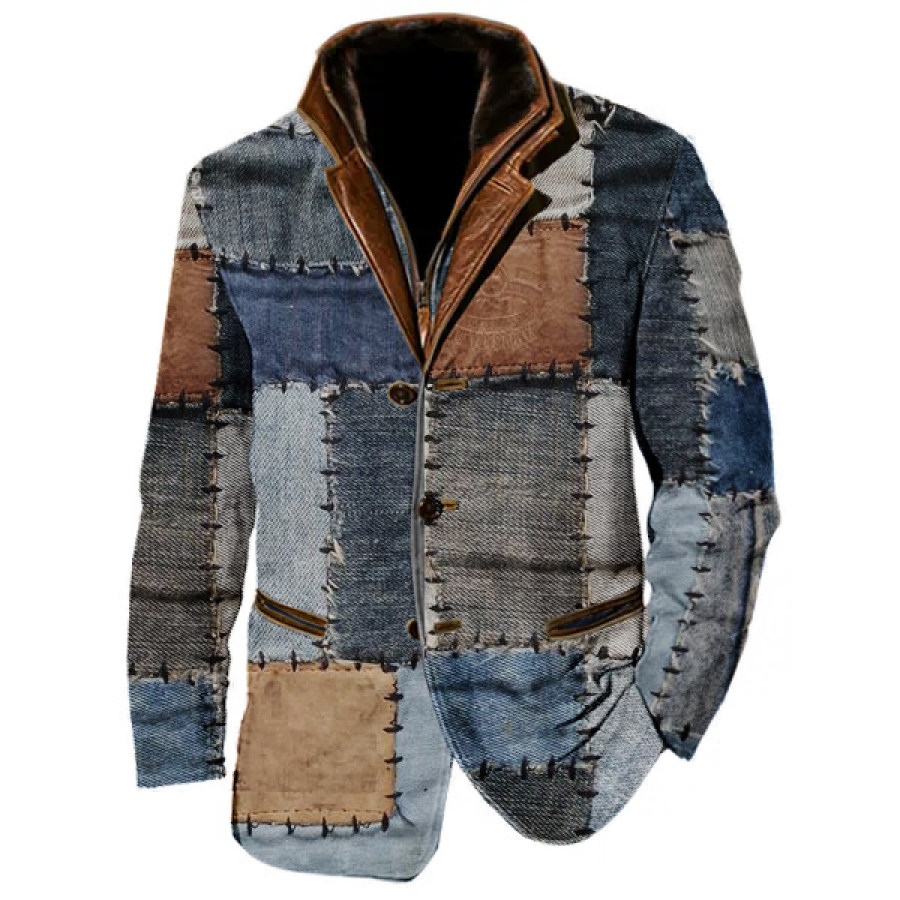 

Мужской винтажный флисовый пиджак в стиле пэчворк с боро-принтом двухслойный пиджак с меховым кожаным воротником и лацканами пальто средней длины