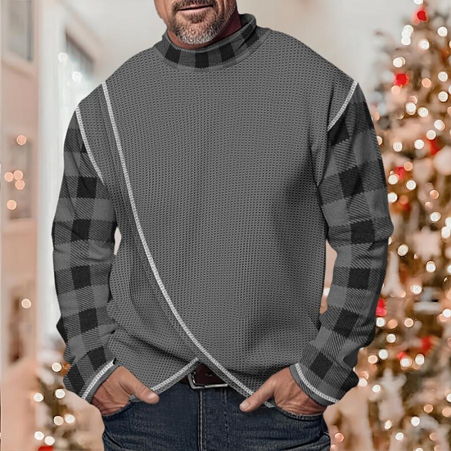 

Men's Christmas Plaid Waffle Knit Standing Collar Sweater Pullover Color Block Turtleneck Keep Warm Vacation Long Sleev