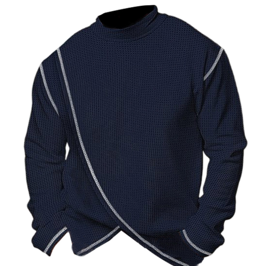 

Мужской вафельный вязаный свитер с воротником-стойкой пуловер водолазка с цветными блоками сохраняющая тепло одежда с длинными рукавами для отпуска темно-синяя