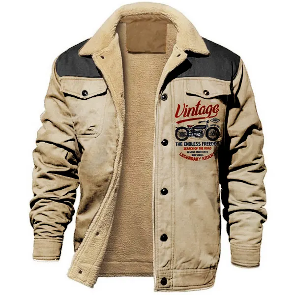 Men's Retro Motorcycle Print Fleece Cotton Work Casual Jacket - Cotosen.com