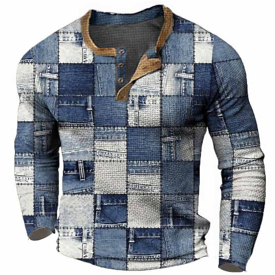 

T-shirt Henley Pour Hommes Vintage Impression 3D Bloc De Couleurs Festival Vacances En Plein Air Hauts à Manches Longues