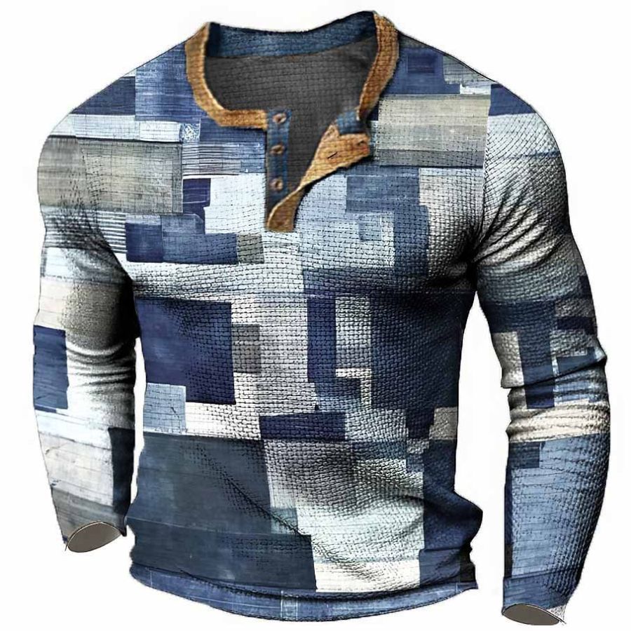 

T-shirt Henley Pour Hommes Vintage Impression 3D Bloc De Couleurs Festival Vacances En Plein Air Hauts à Manches Longues