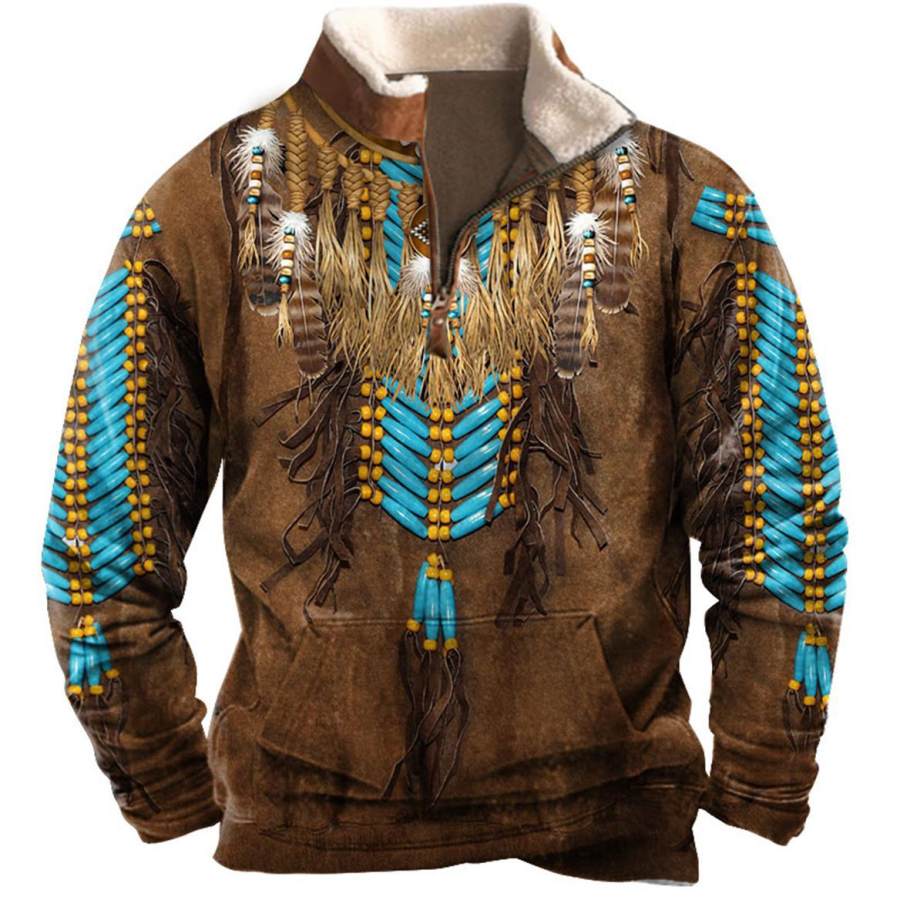 

Men's Sweatshirt American Indian Plush Collar Quarter Zip Vintage Daily Tops