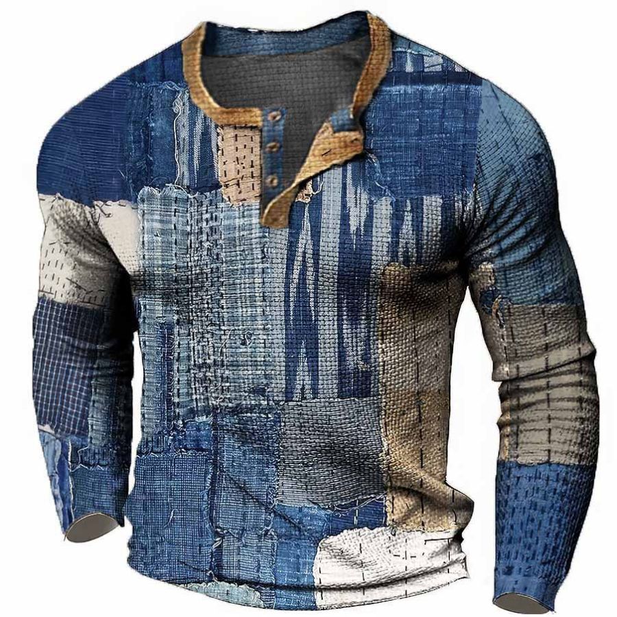 

Herren Henley T-Shirt Vintage 3D-Druck Farbblock Festival Urlaub Outdoor Langarm Tops