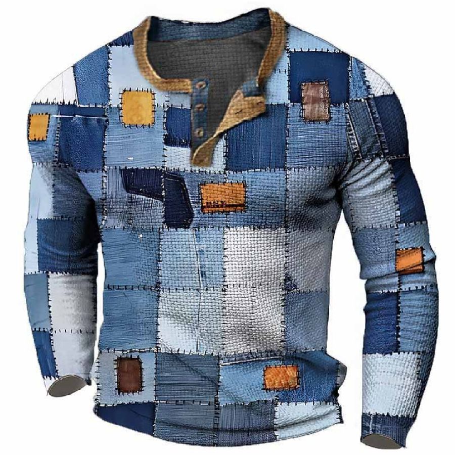 

T-shirt Henley Pour Hommes Vintage Impression 3D Bloc De Couleurs Festival Vacances En Plein Air Hauts à Manches Longues