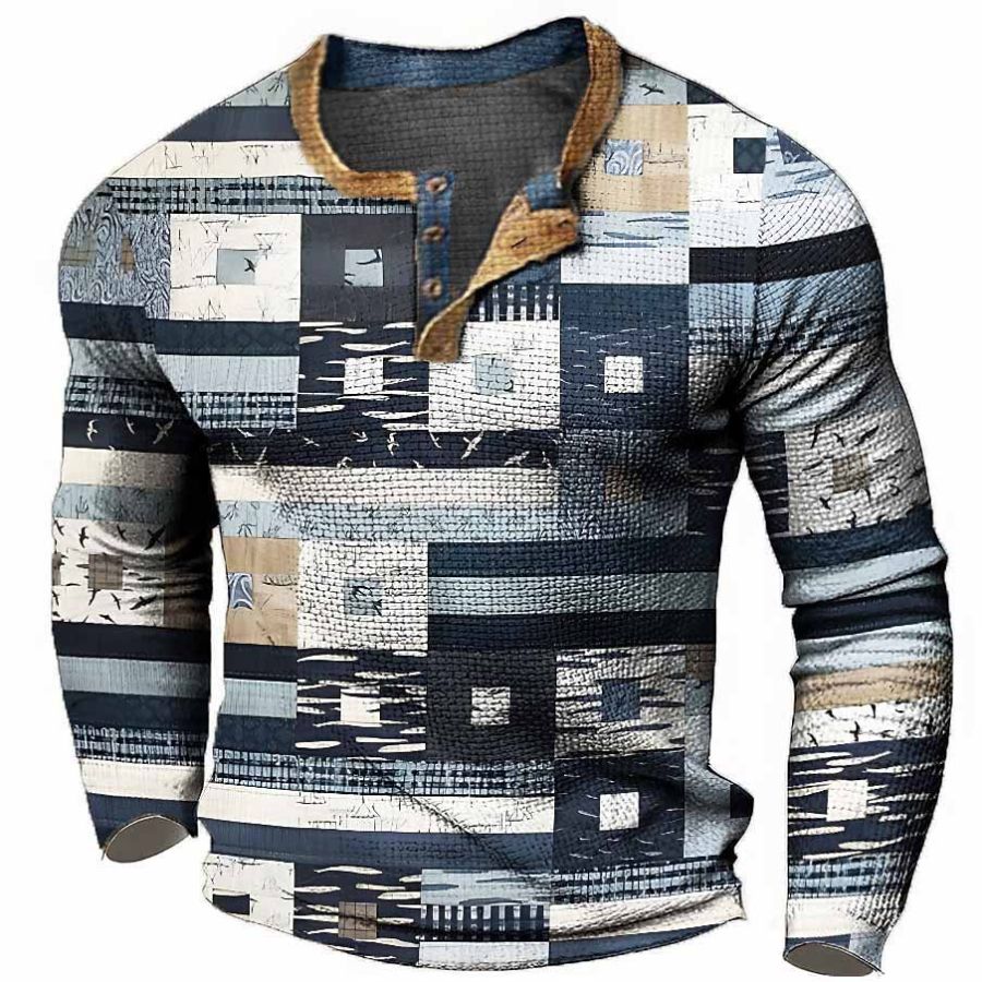 

T-shirt Henley Pour Hommes Vintage Impression 3D Bloc De Couleurs Festival Vacances En Plein Air Hauts à Manches Longues