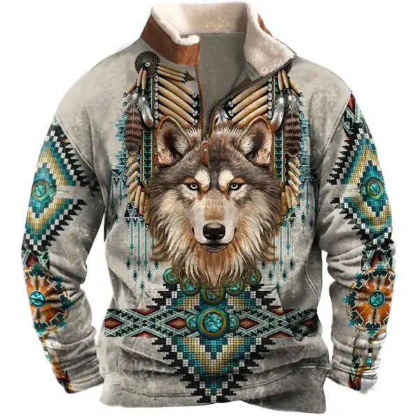 Men's Sweatshirt American Indian Wolf Plush Collar Quarter Zip Vintage Daily Tops - Cotosen.com