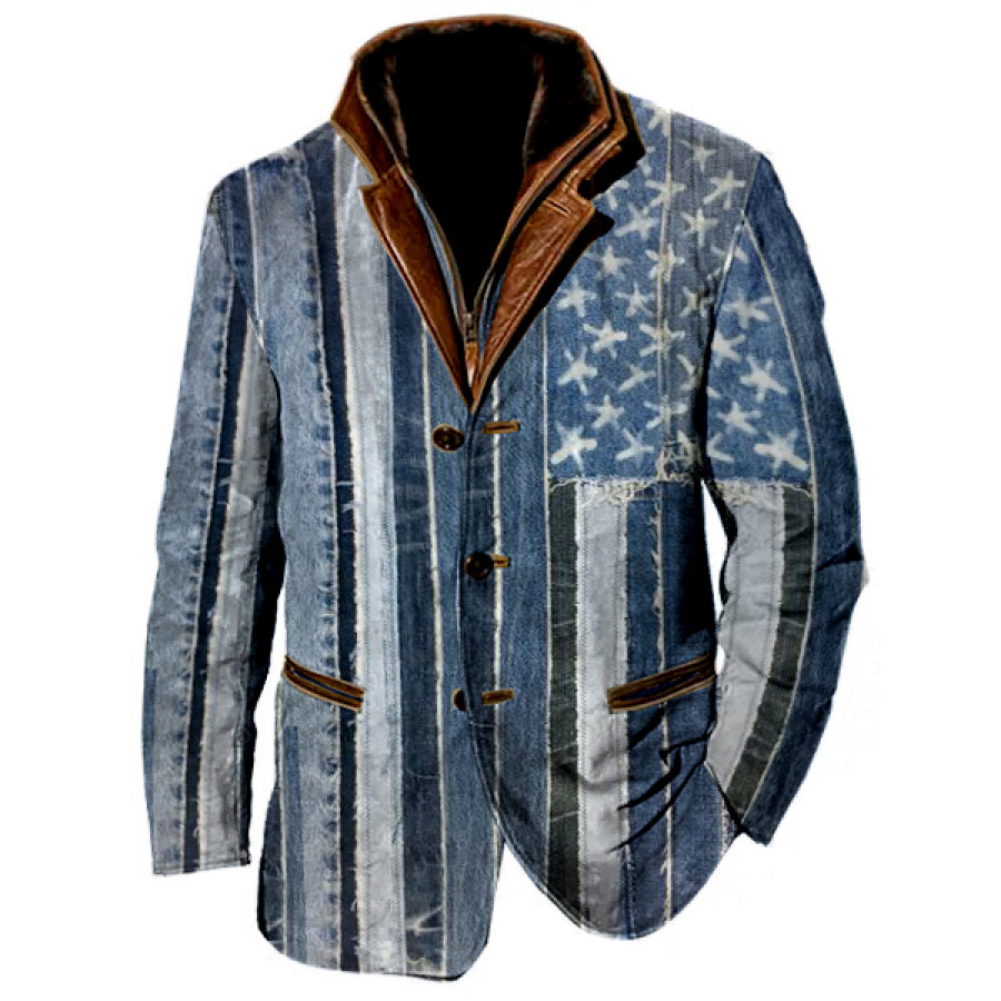 

Флаг США в стиле пэчворк мужской винтажный флисовый пиджак с принтом Boro двухслойный пиджак с меховым кожаным воротником и лацканами пальто средней длины