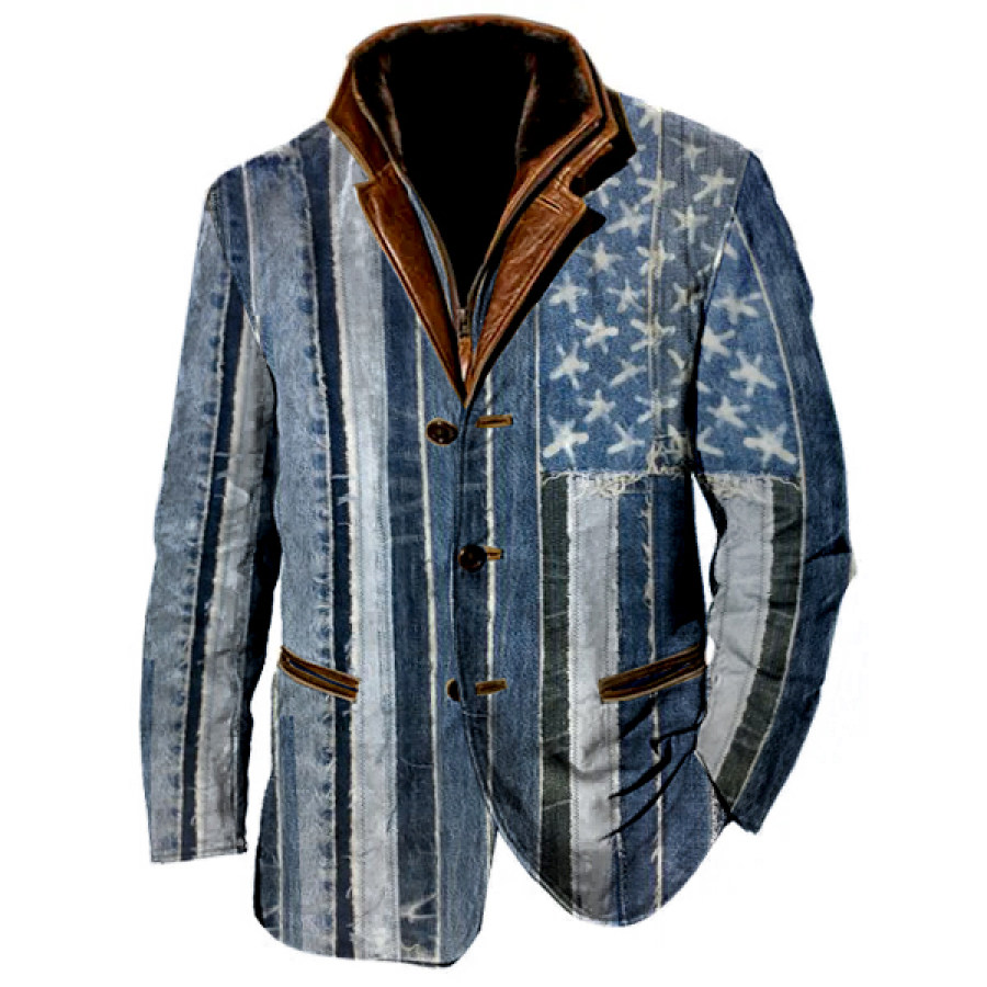 

USA Flag Patchwork Design Boro Print Men Vintage Fleece Blazer Double Layer Lapel Fur Leather Collar Medium Length Coats