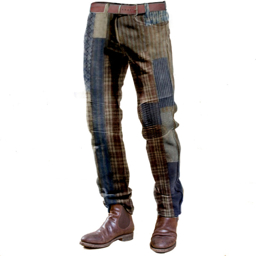 

Plaid Patchwork Design Boro Print Männer Vintage Cord Hose Gesteppt Outdoor Casual Täglichen Hosen