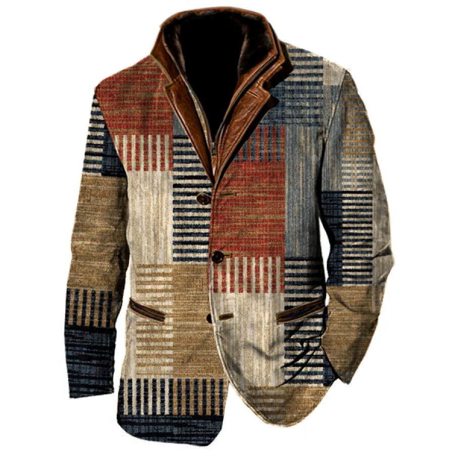 

Мужской винтажный флисовый пиджак в стиле пэчворк с боро-принтом двухслойный пиджак с меховым кожаным воротником и лацканами пальто средней длины