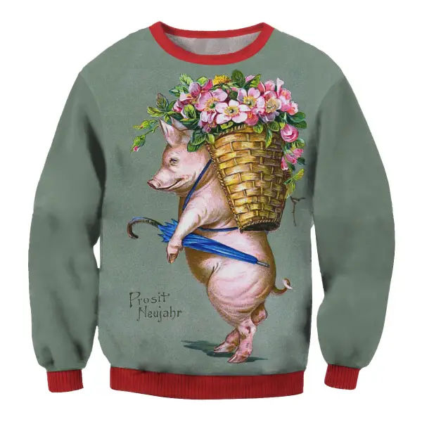 Men's Prosit Neujahr Silvester Pig Print Crew Neck Sweatshirt - Cotosen.com