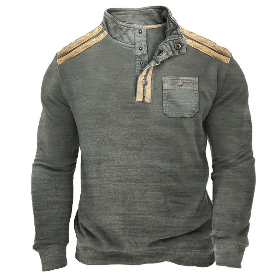 

Sudadera Para Hombre Vintage Cuello Alto Bolsillos A Presión Color En Contraste Tops Diarios