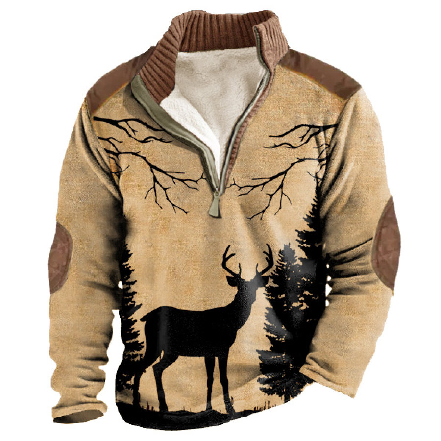 

Men's Sweatshirt Vintage Hunting Deer Forest Print Fleece Zipper Contrast Color Daily Tops