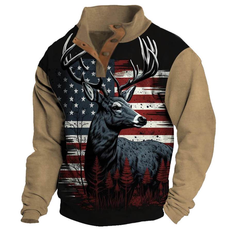 

Sweat Homme Chasse Cerf Drapeau USA Boutons Col Montant Haut Quotidien