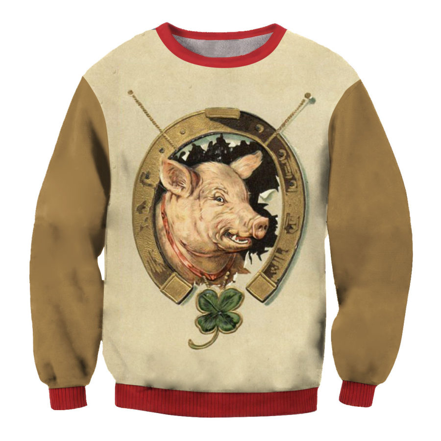 

Sweat-shirt à Col Rond Imprimé Trèfle à Quatre Feuilles Neujahr Silvester Pig Horseshoe Pour Hommes