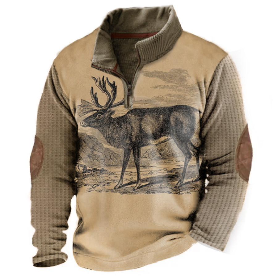 

Men's Vintage Elk Print 1/4 Zip Waffle Sweatshirt Outdoor Stand Collar Thick Tactical Pullover Khaki Tops