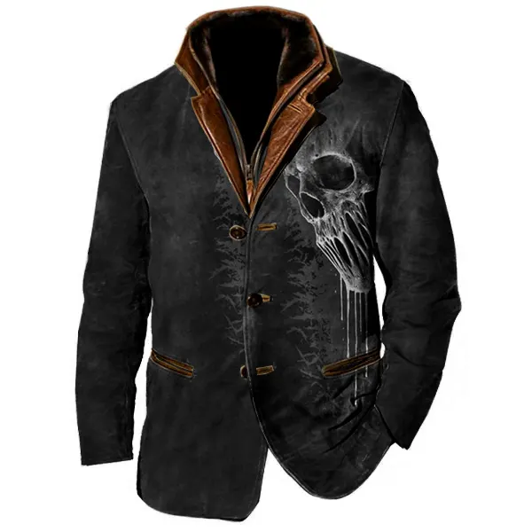 Art Skull Print Men Vintage Fleece Blazer Double Layer Lapel Fur Leather Collar Medium Length Coats - Cotosen.com 