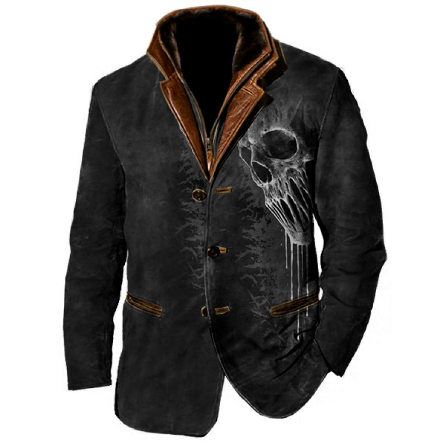 

Мужской винтажный флисовый пиджак с принтом черепа и двухслойным меховым кожаным воротником с лацканами пальто средней длины