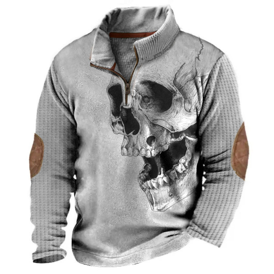 

Art Skull Herren-Sweatshirt Mit 1/4-Reißverschluss Waffelmuster Outdoor-Stehkragen Dickes Taktisches Oberteil