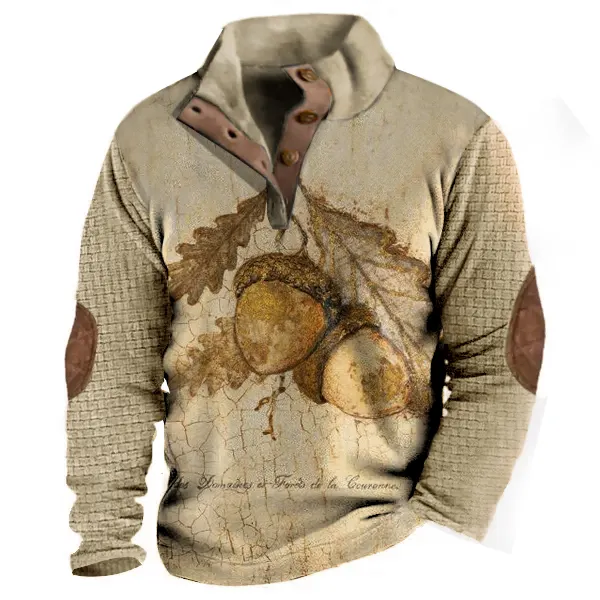 Vintage Pinecone Print Men's 1/4 Zip Waffle Sweatshirt Outdoor Stand Collar Thick Tactical Top - Cotosen.com