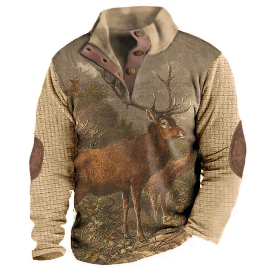 

Sudadera Henley Waffle Con Estampado De Alces Vintage Para Hombre Cuello Alto Para Exteriores Jersey Táctico Grueso Tops De Color Caqui