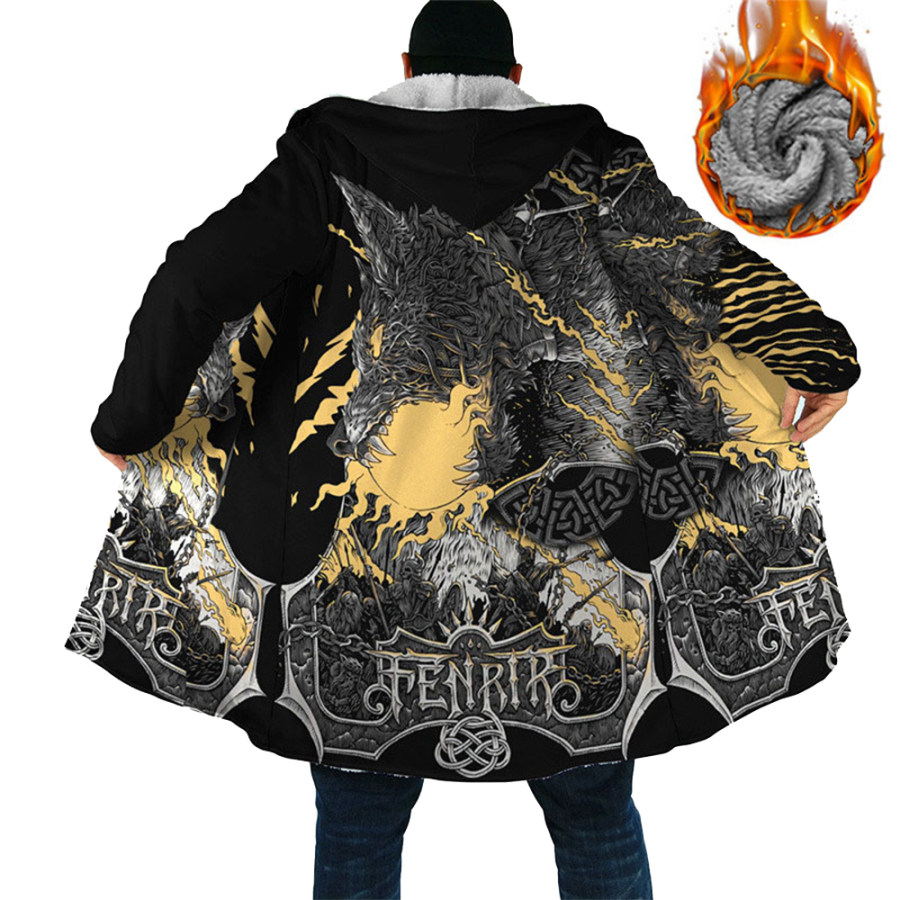 

Retro Vking Print Herren-Fleecejacke Sport Outdoor Täglich Warme Jacke Mit Reißverschlusstasche