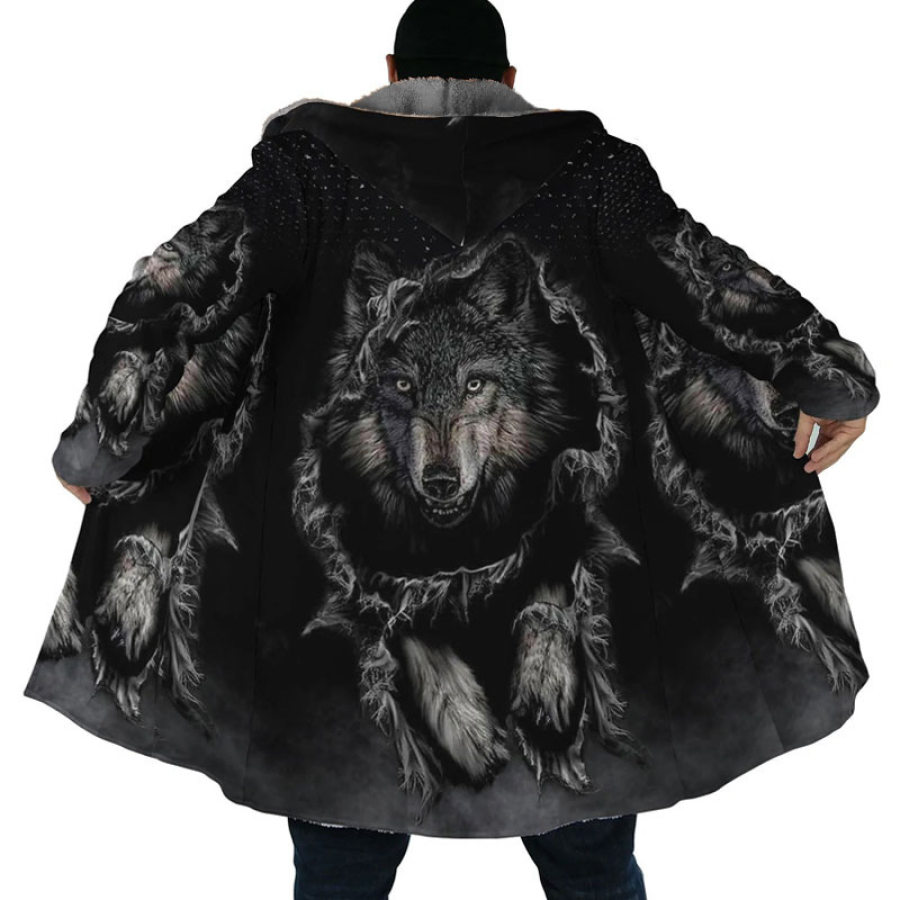 

Wolf Native American Men's Fleece Jacket Sports Outdoor Daily Warm Zipper Pocket Coat