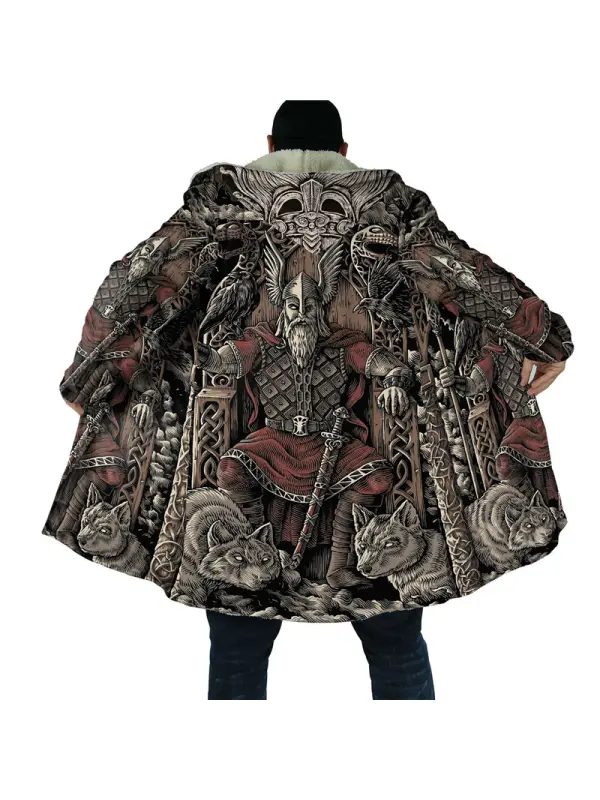 Retro Vking Print Men's Fleece Jacket Sports Outdoor Daily Warm Zipper Hooded Pocket Coat - Maxizero.chimpone.com 
