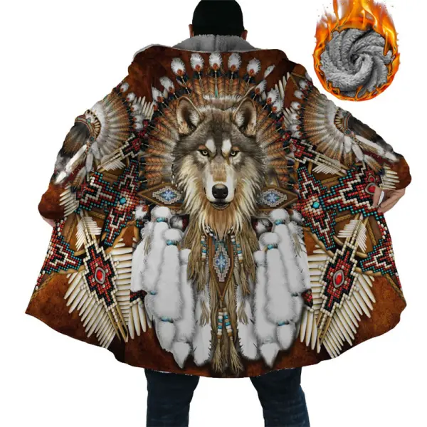 Wolf Native American Men's Fleece Jacket Sports Outdoor Daily Warm Zipper Pocket Coat - Cotosen.com