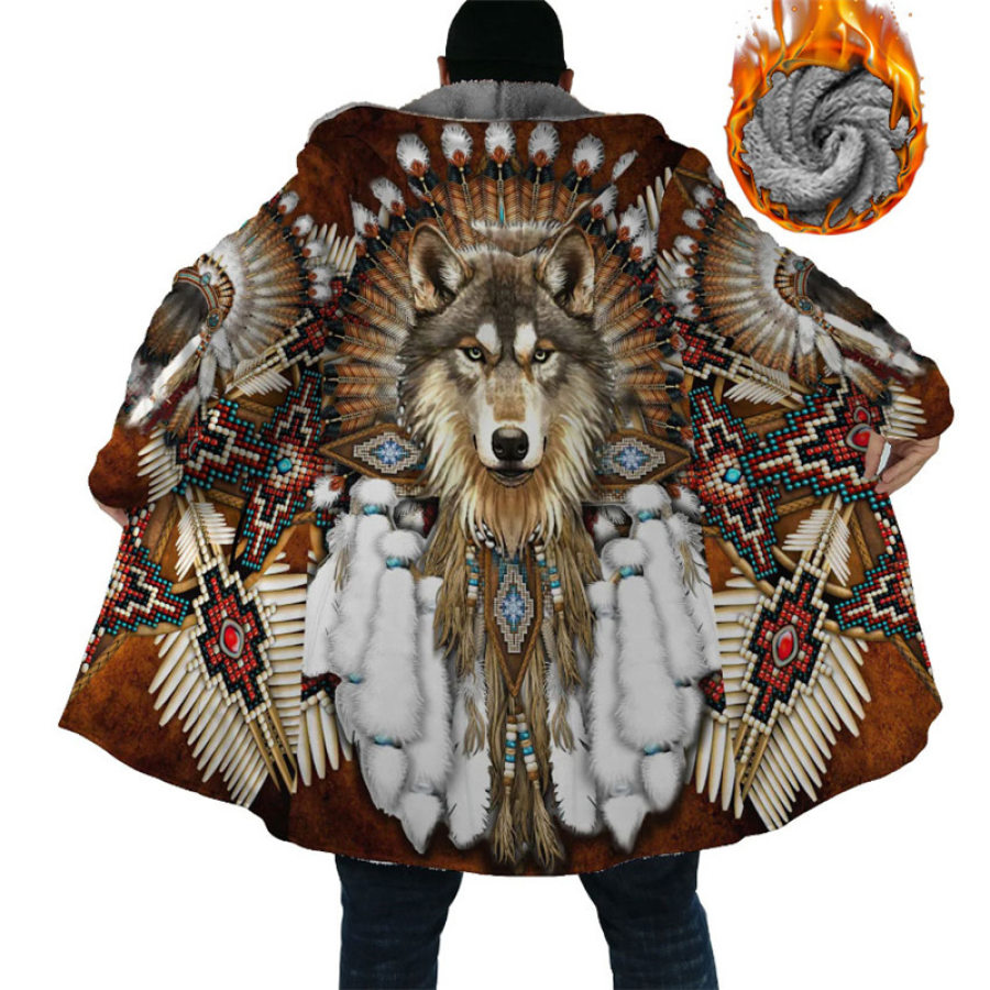 

Wolf Native American Men's Fleece Jacket Sports Outdoor Daily Warm Zipper Pocket Coat