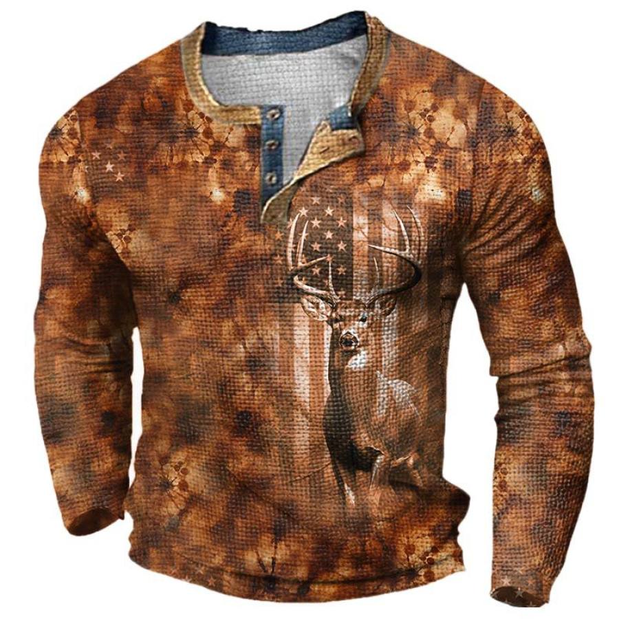 

Men's Outdoor Elk Print Henley Hunting Long Sleeve T-Shirt