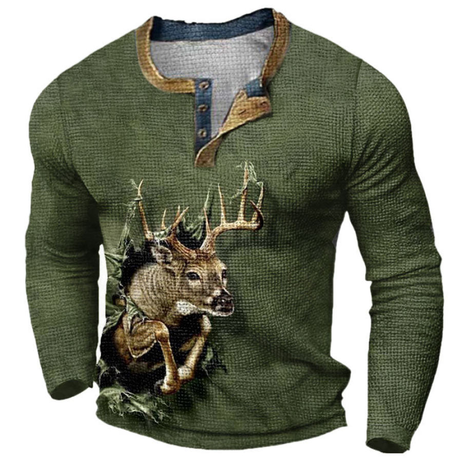 

Men's Outdoor Elk Print Henley Hunting Long Sleeve T-Shirt