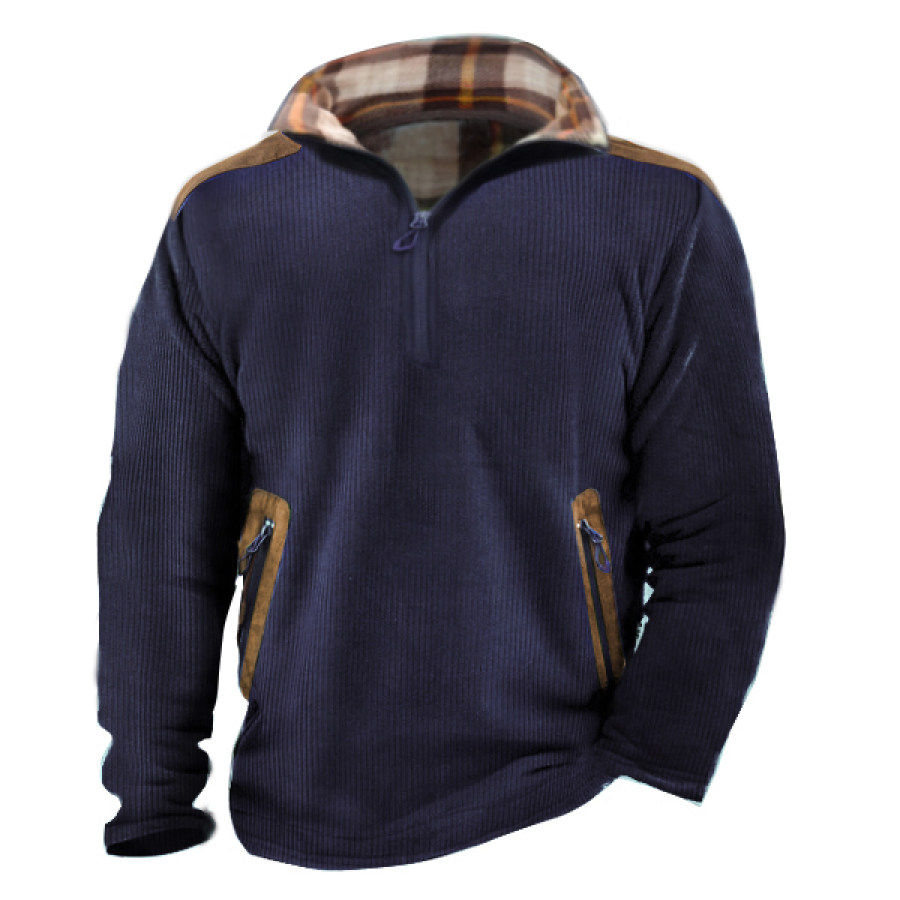 

Men's Shoulder Elbow Patches Corduroy Polo Sweatshirt 1/4 Zip Plaid Stand Collar Thick Pullover Outdoor Casual Top