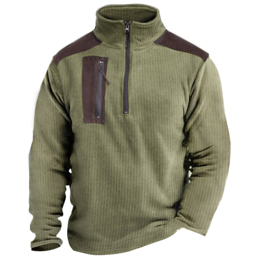 

Men's Corduroy Sweatshirt 1/4 Zip Sherpa Stand Collar Thick Pullover Outdoor Casual Zip Chest Pocket Top