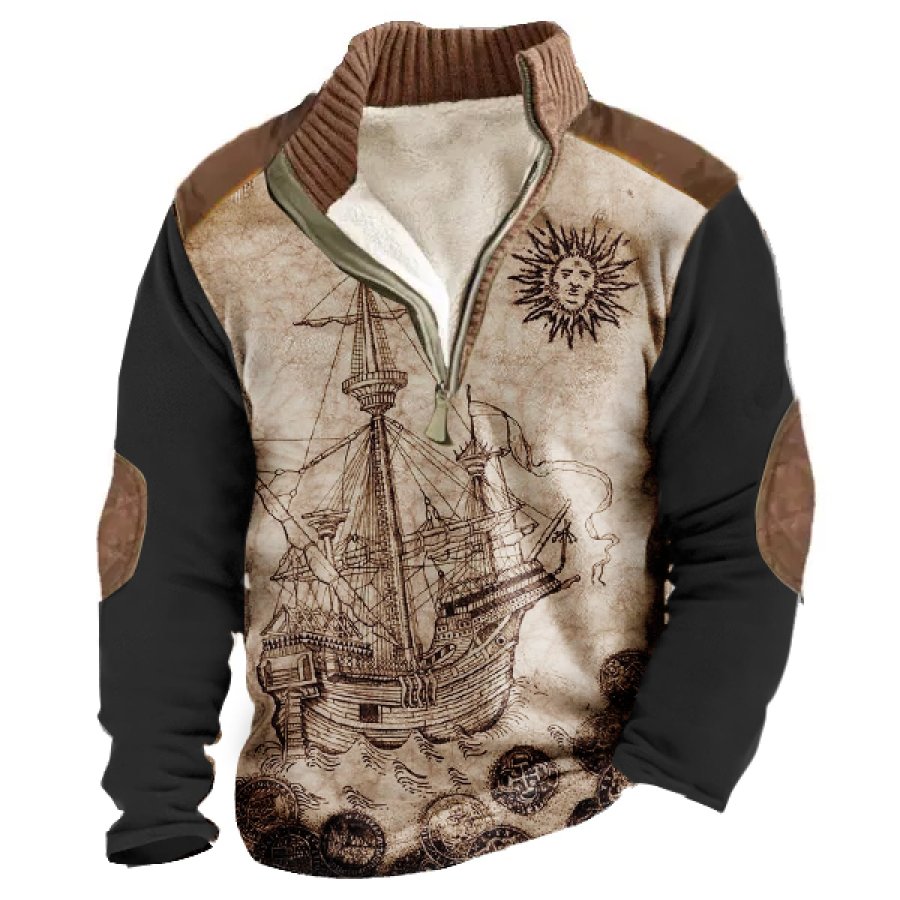 

Men's Vintage Pirate Map Elbow Patches Fleece Sweatshirt 1/4 Zip Stand Collar Outdoor Casual Thick Pullover