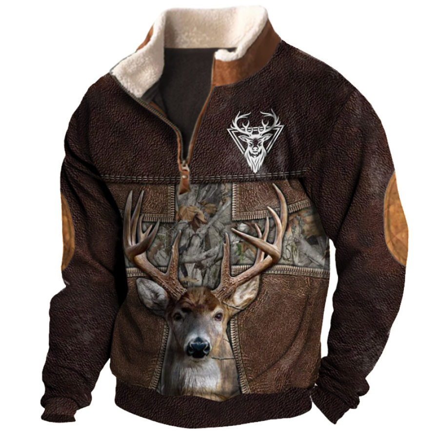 

Sweat-shirt à Col Mi-ouvert En Polaire Imprimé Cerf De Chasse Vintage Pour Hommes