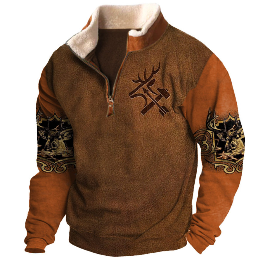 

Sweat-shirt à Col Mi-ouvert En Polaire Imprimé Cerf De Chasse Vintage Pour Hommes