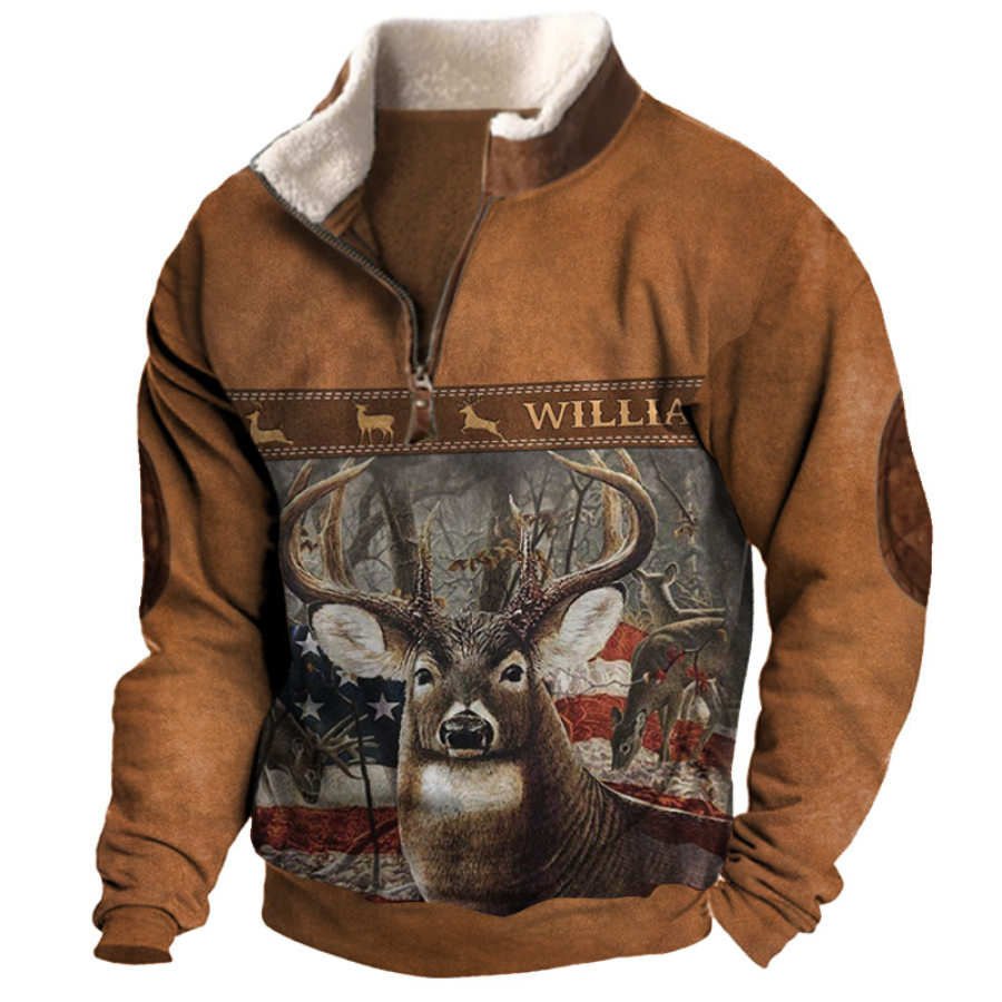 

Sweat-shirt à Col Mi-ouvert En Polaire Imprimé Cerf De Chasse Vintage Pour Hommes