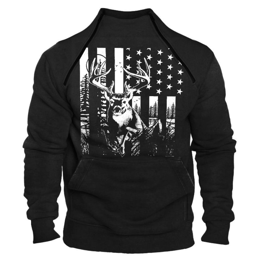 

Herren-Sweatshirt Mit Vintage-Reißverschluss Und Stehkragen Elch Amerikanische Flagge Aufdruck Festival Outdoor