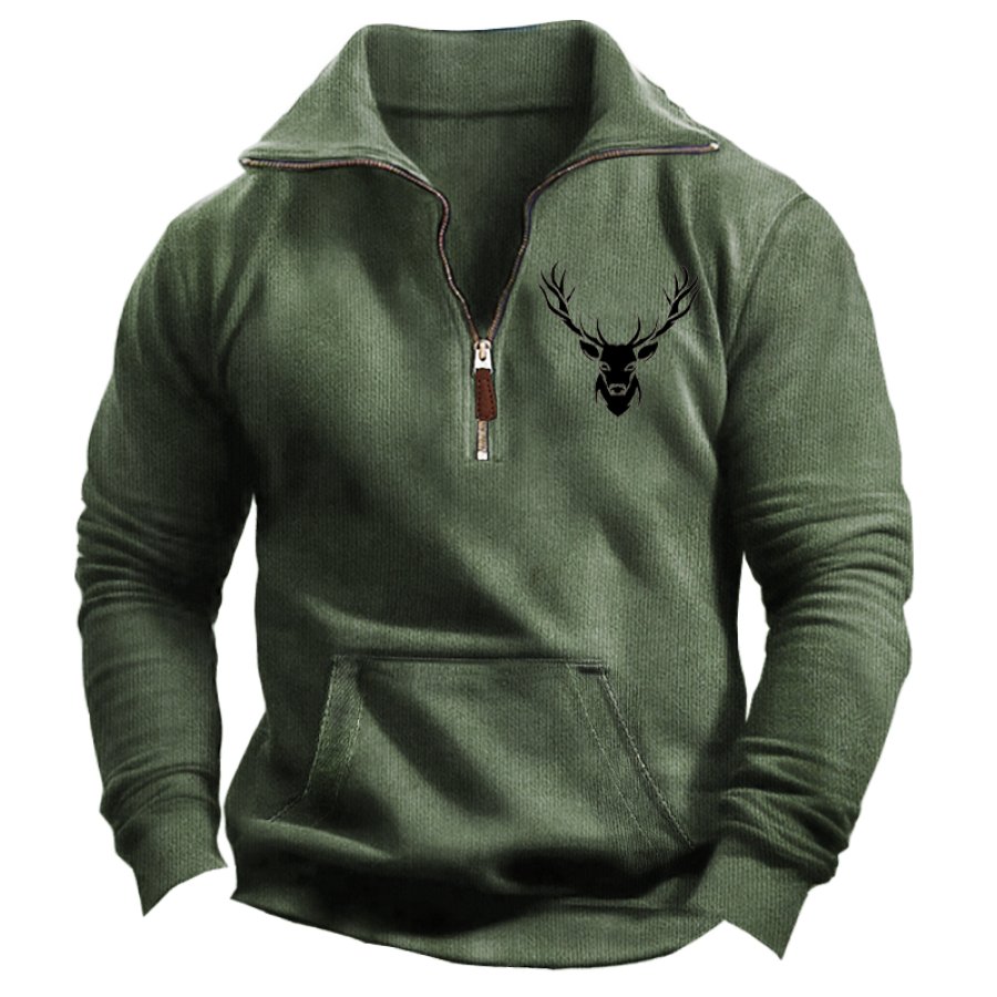 

Sudadera Retro Con Estampado De Alces Y Tiras Roscadas Con Cuello Con Cremallera De 1/4 Para Hombre