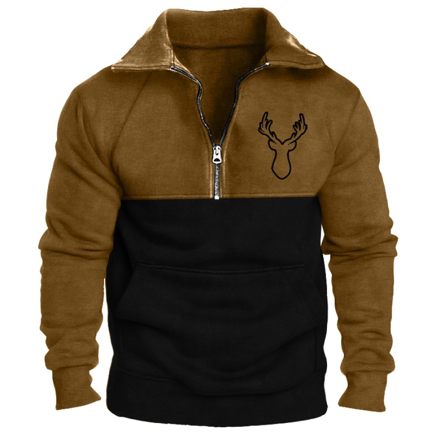 

Sudadera Retro Con Estampado De Alces Y Bloques De Color Con Cuello Con Cremallera De 1/4 Para Hombre