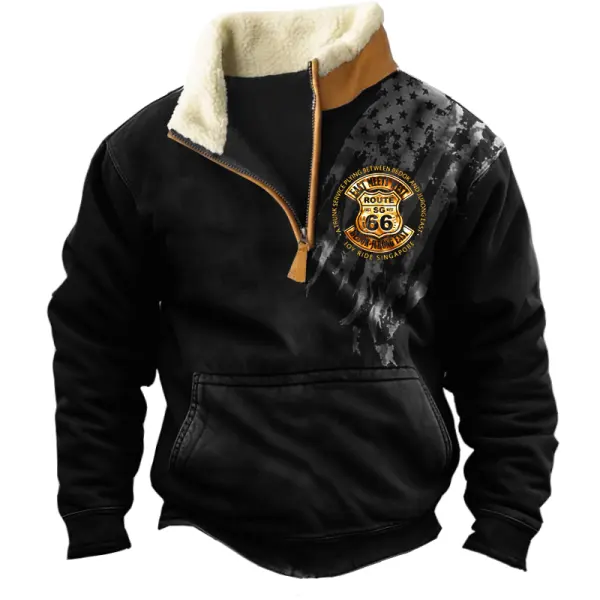 Men's Retro 1/4 Zip Fleece Collar Route 66 Flag Print Festival Sweatshirt - Cotosen.com