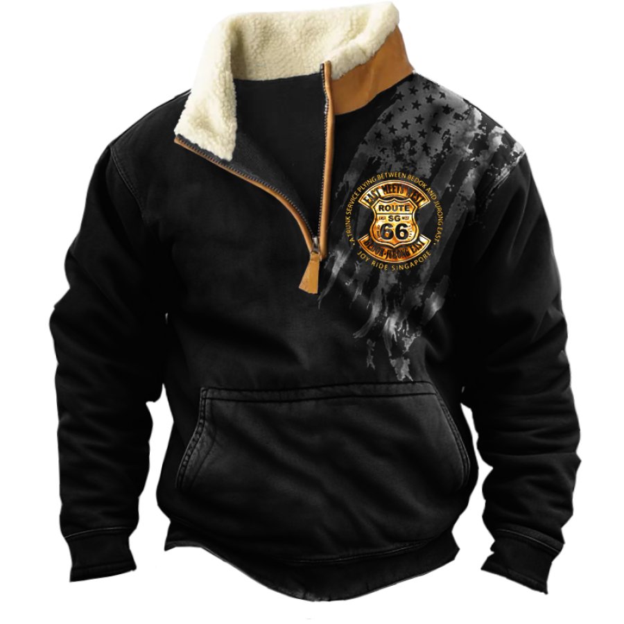 

Sudadera Retro Con Cuello Polar Y Cremallera De 1/4 Para Hombre Con Estampado De Bandera De La Ruta 66